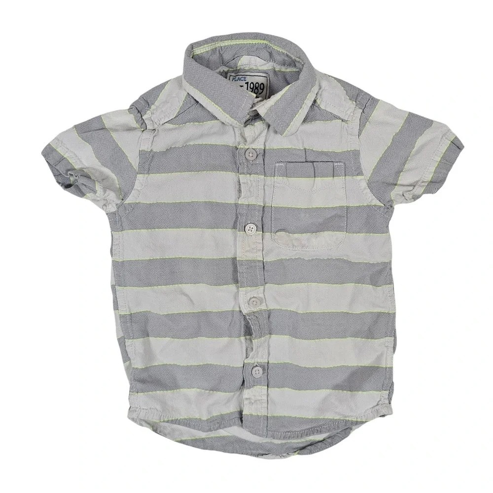 The Childrens Place Boys 3T Striped Button Up Shirt Grey Neon YellowShort Sleeve